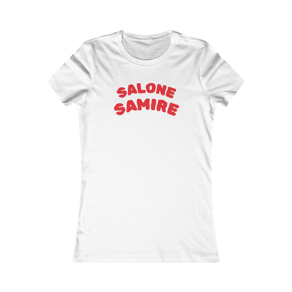 Salone Samire women's salon tee with retro front script and back female profile, scissors and comb graphic