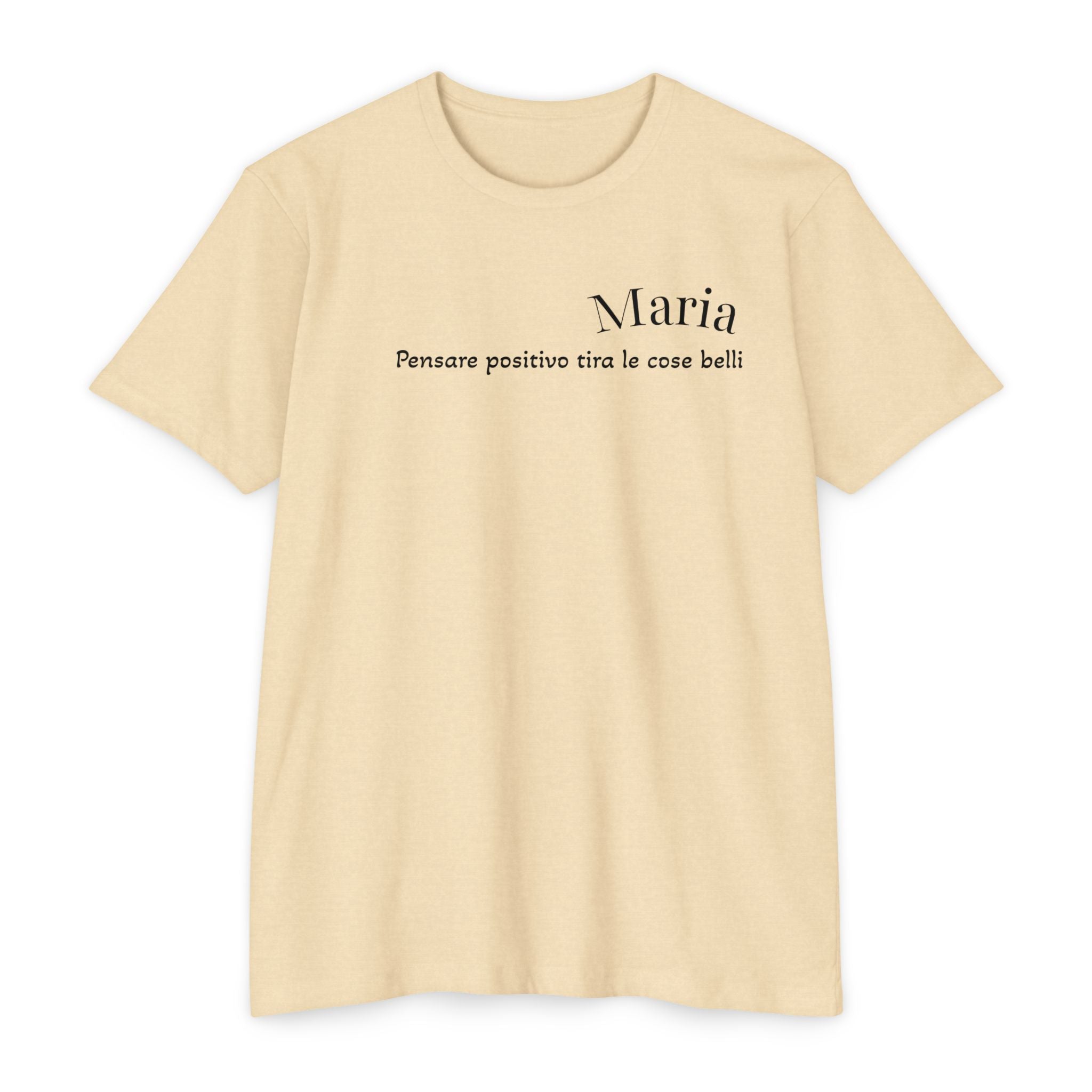 Maria quote T-shirt with crew neck, regular fit, and front "Pensare positivo tira le cose belli" print