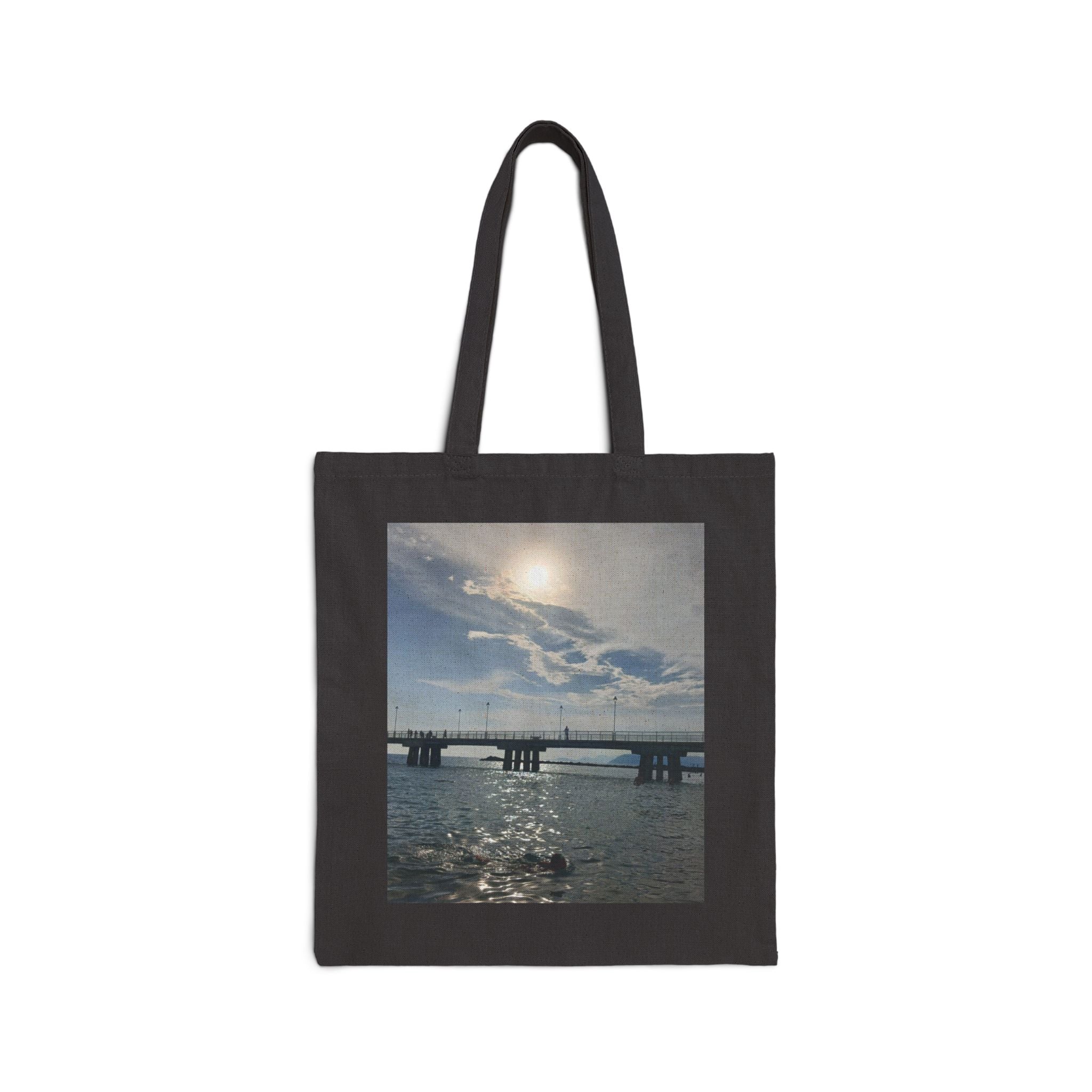 Sunset Pier Canvas Tote Bag — Coastal Beach Scene Reusable Tote