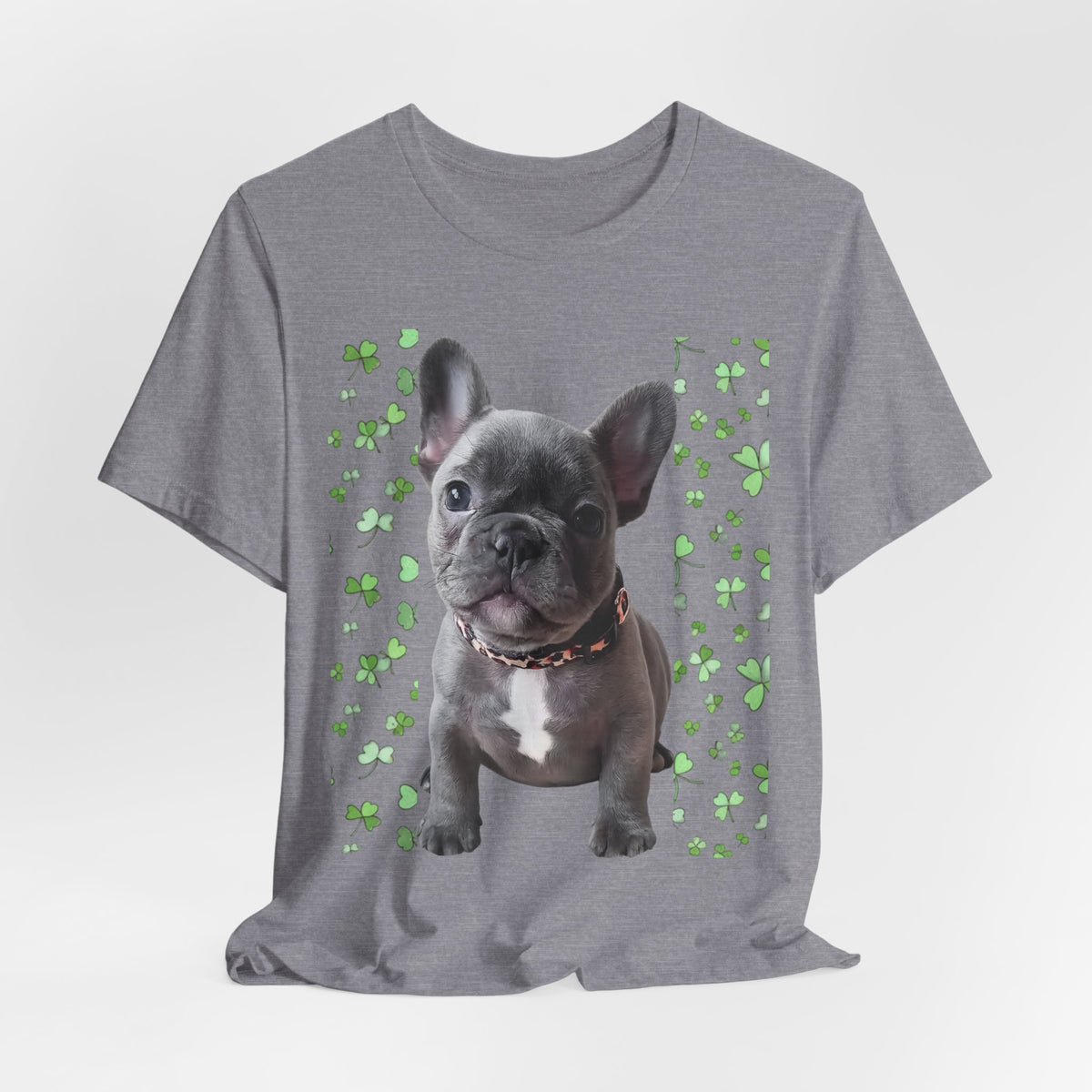 French Bulldog Tee — Cute Puppy with Shamrock Background