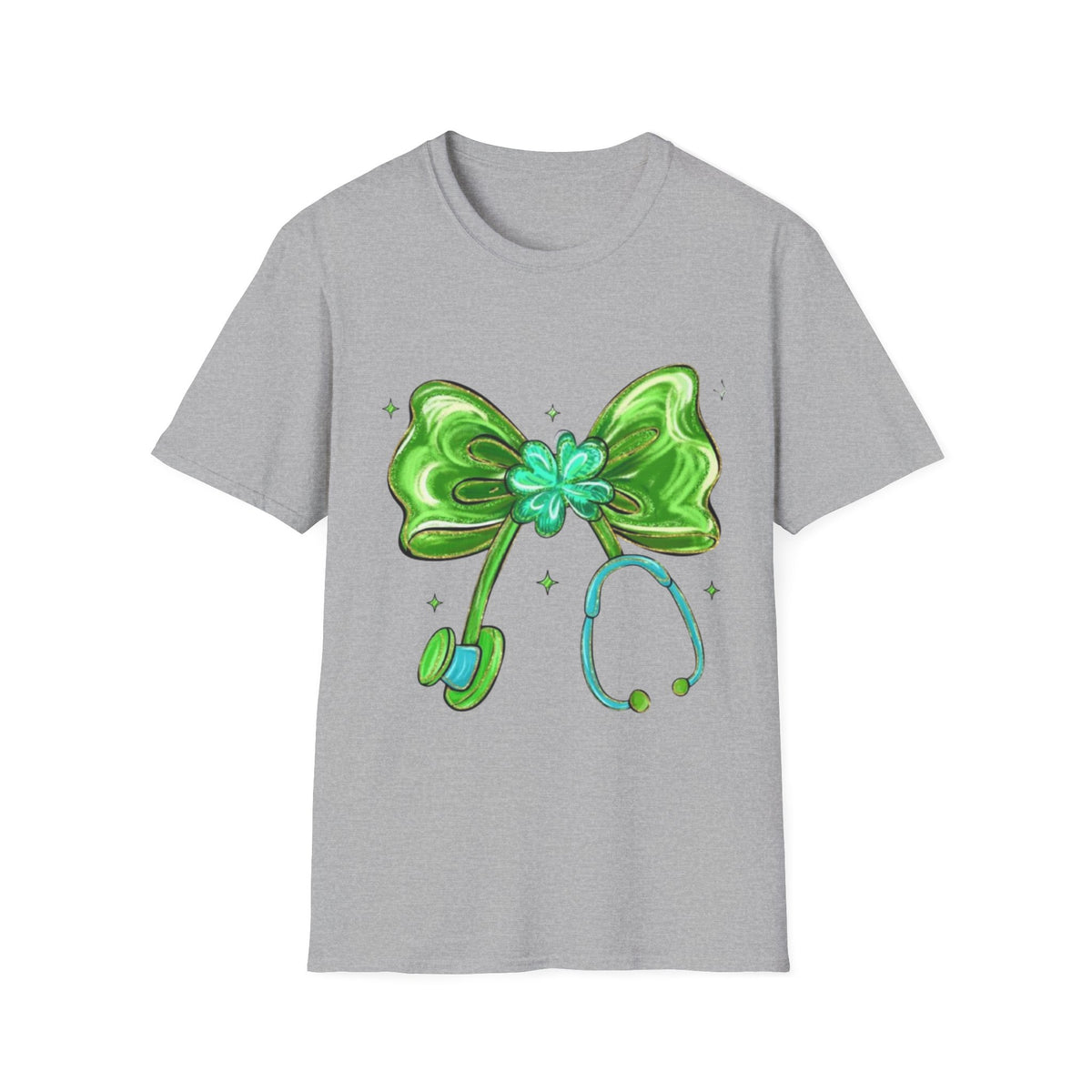 St. Patrick’s Nurse Bow T-Shirt — Green Shamrock Stethoscope Tee