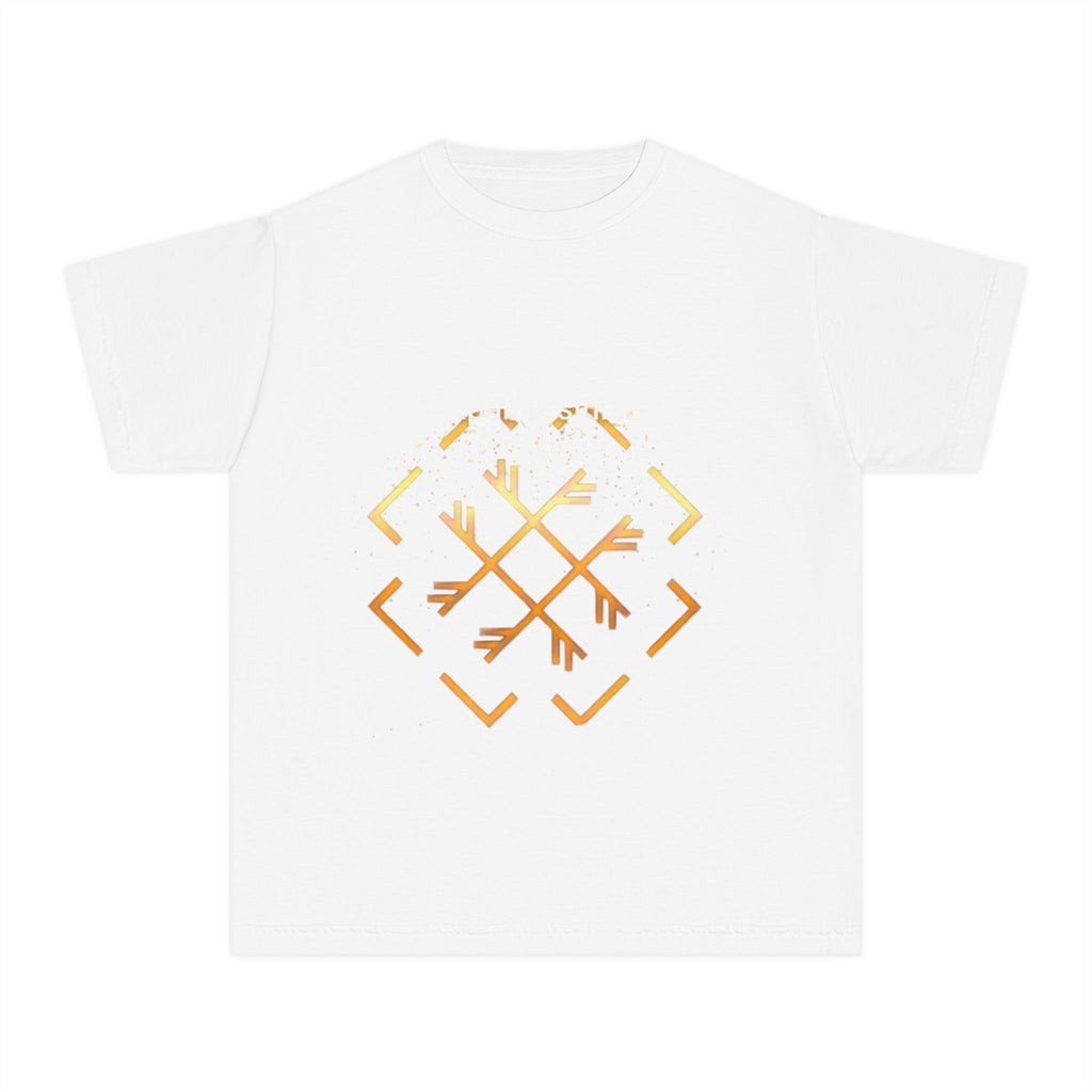 Youth Tee with golden arrow crest graphic, garment-dyed cotton kids T-shirt with crew neck and classic unisex fit