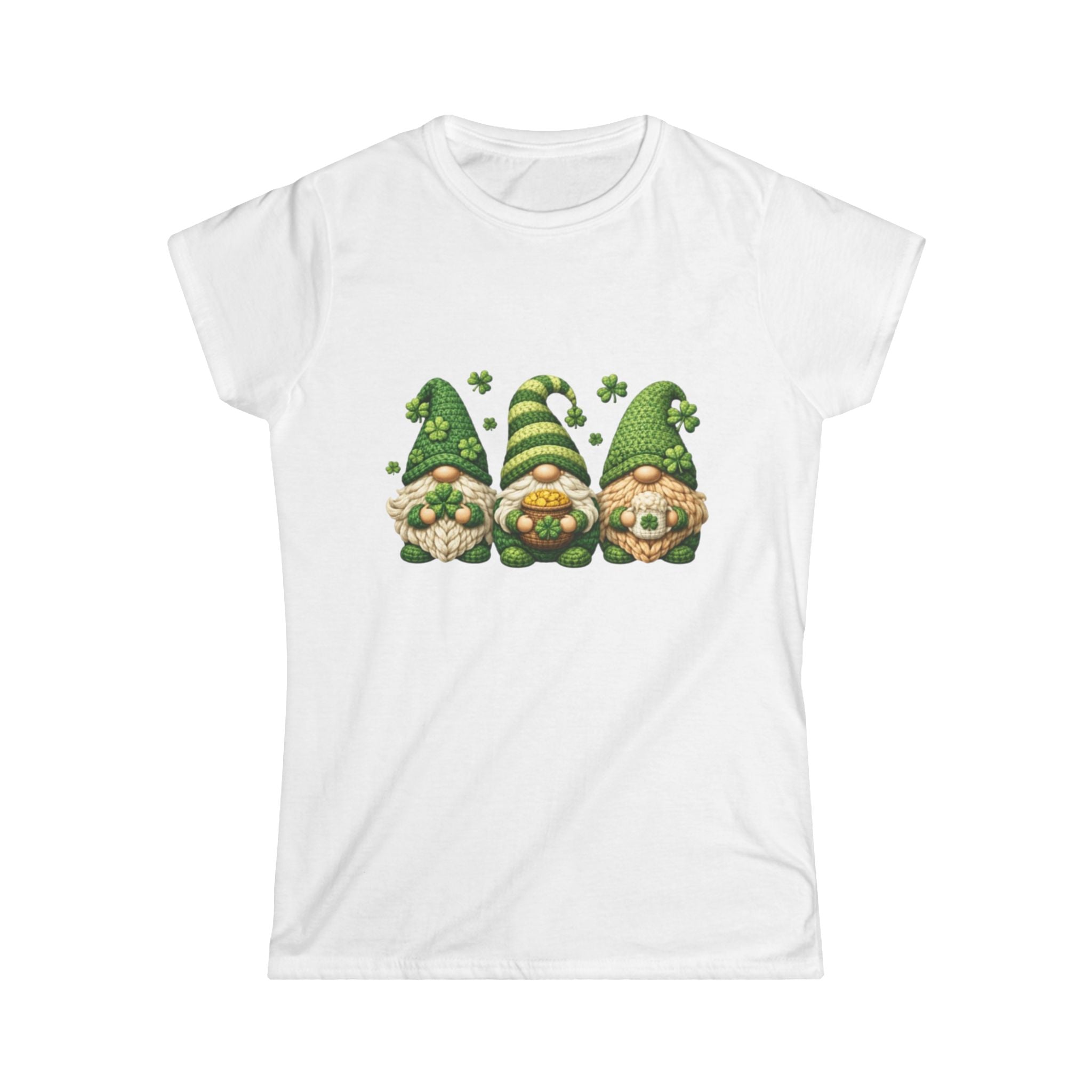 Lucky Green Gnome Cotton Tee for women with three green gnomes, centered graphic, short sleeves, and semi-fitted cut