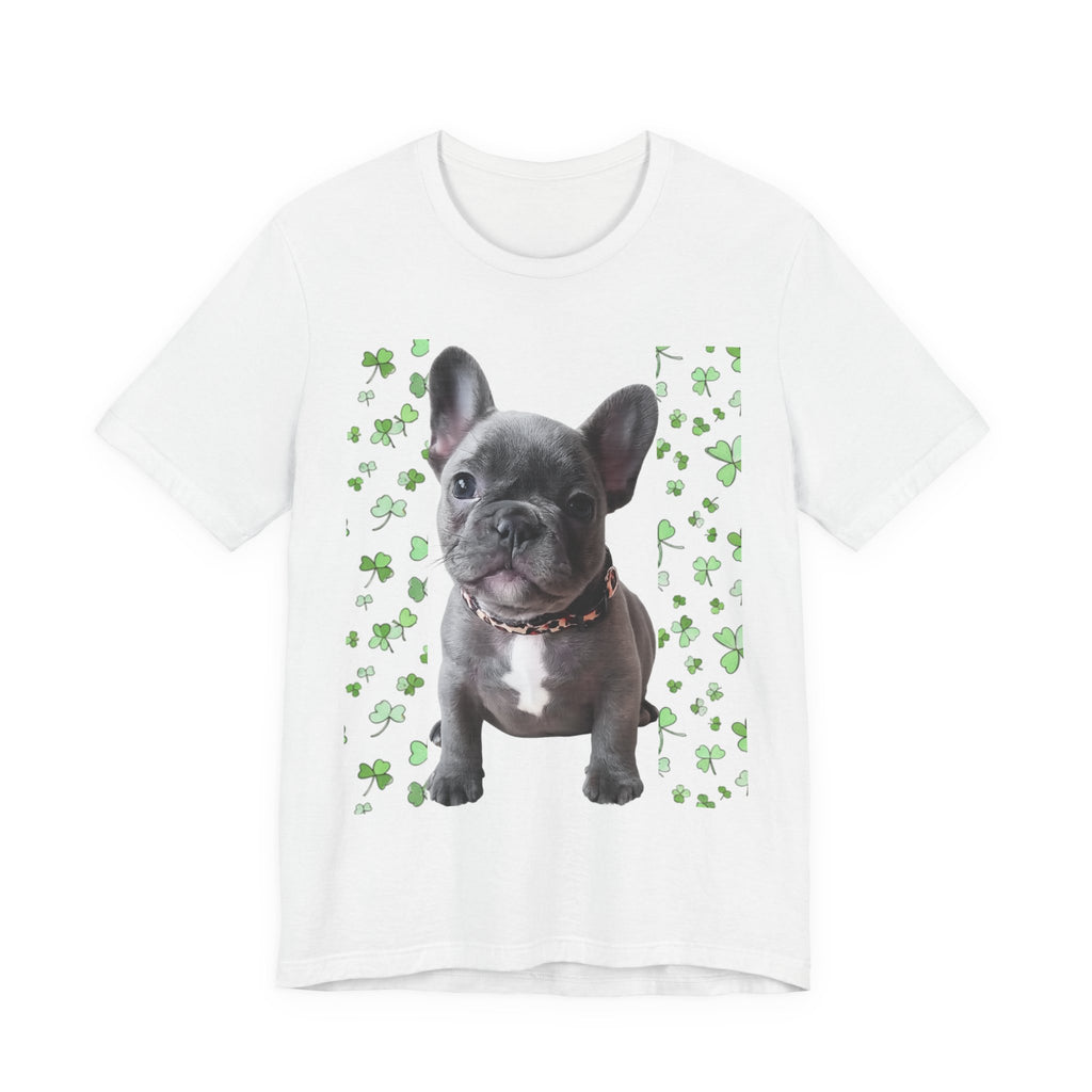 French Bulldog Tee — Cute Puppy with Shamrock Background