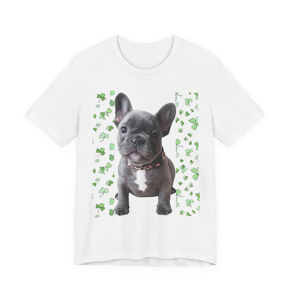 French Bulldog Tee — Cute Puppy with Shamrock Background