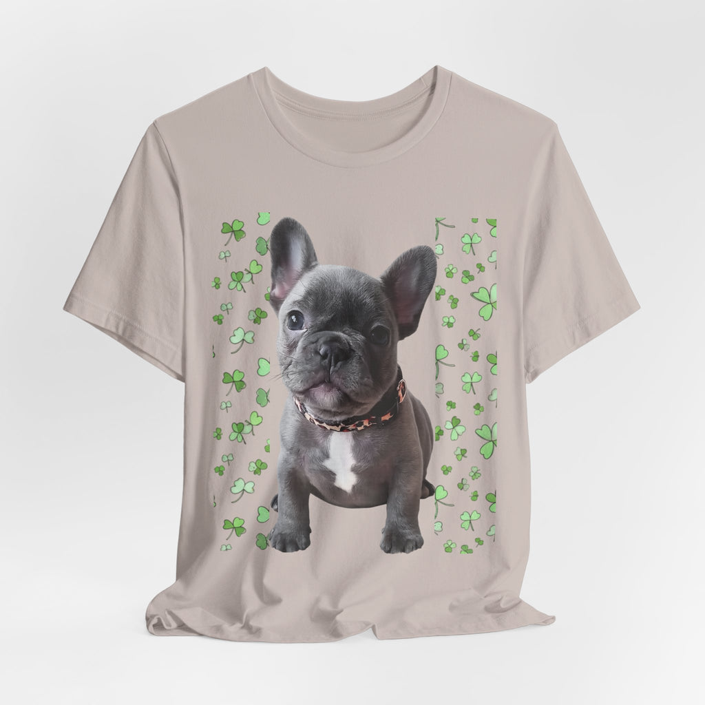 French Bulldog Tee — Cute Puppy with Shamrock Background