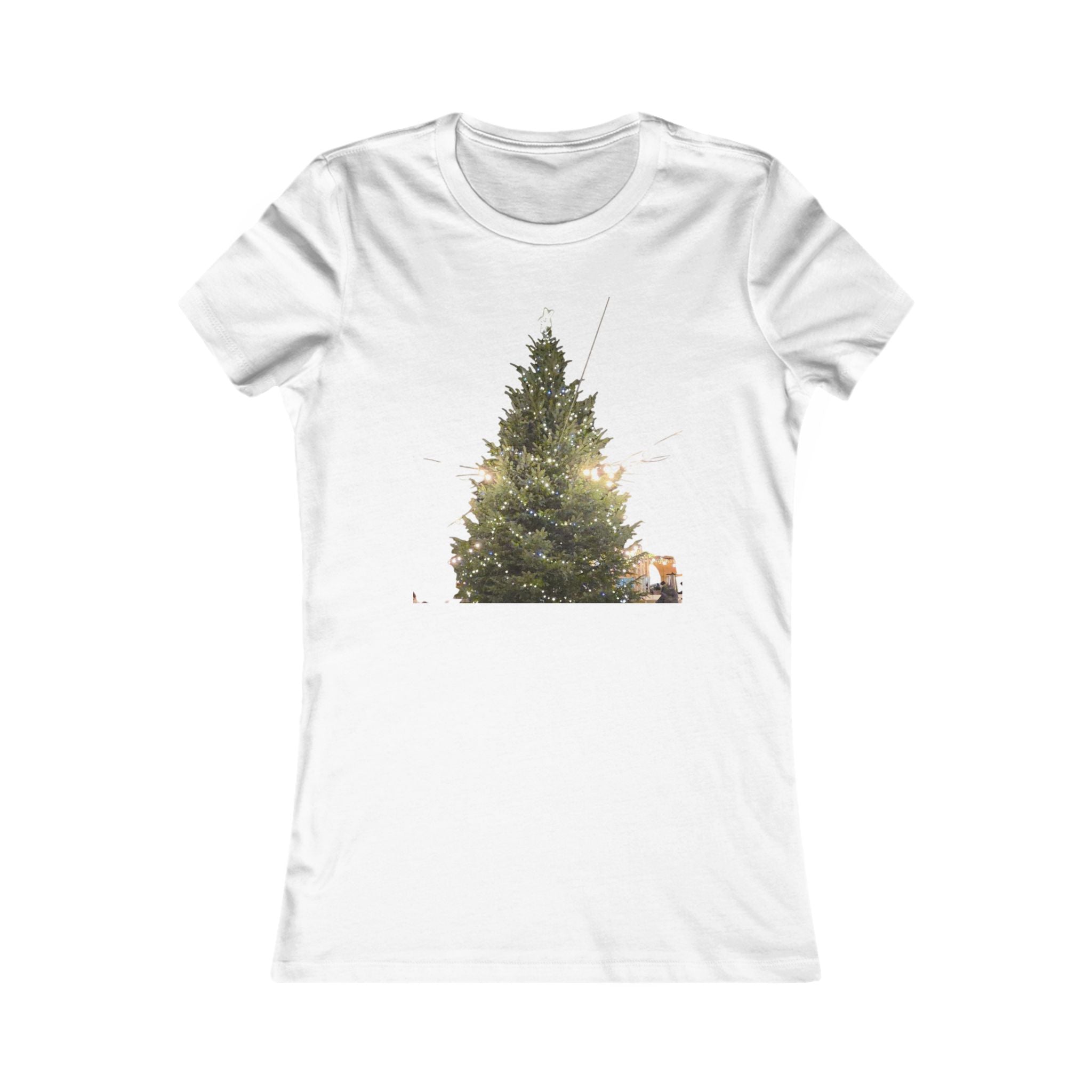 Christmas Tree Lights Women's Tee with photo print of a lit Christmas tree under warm bistro lights on a slim cotton shirt