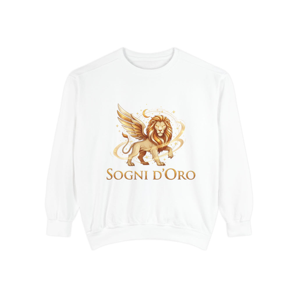 Golden Winged Lion Sweatshirt with gold lion graphic, garment-dyed crewneck, vintage-style unisex fit
