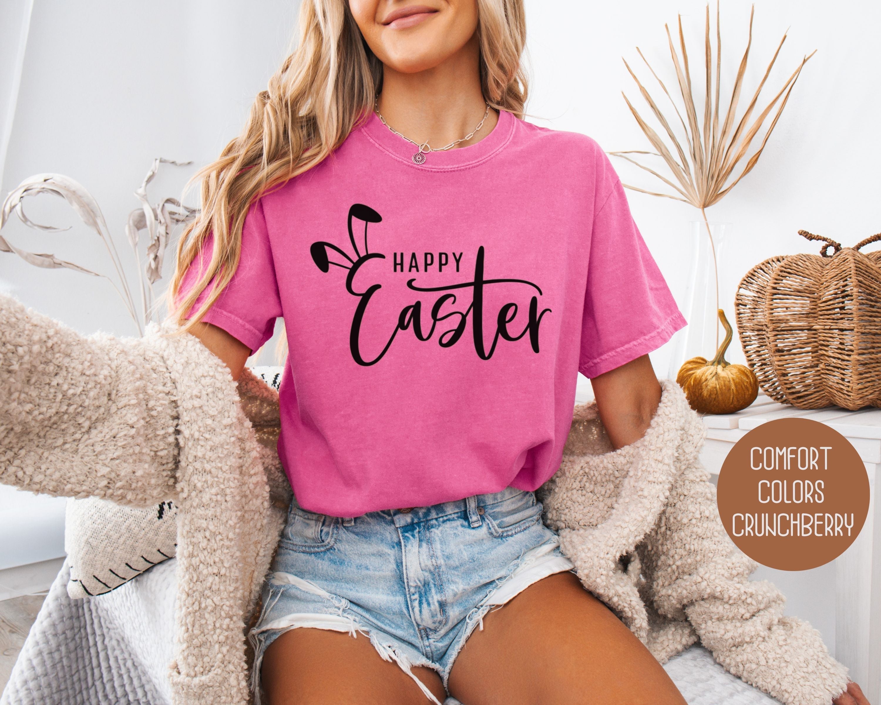Happy Easter Bunny Comfort Colors shirt with brushstroke bunny silhouette and script on a unisex cotton crew neck tee