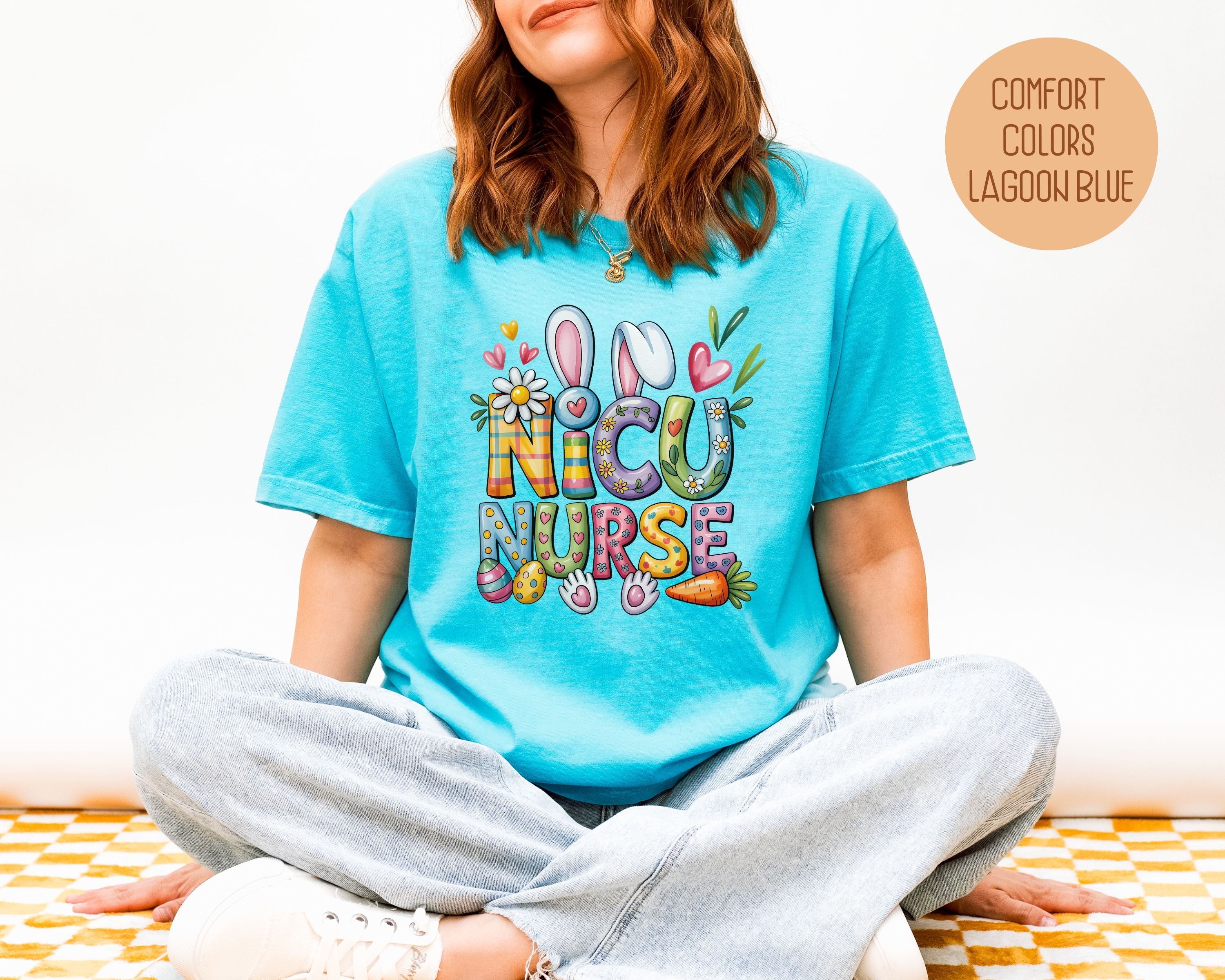 NICU Easter Nurse Comfort Colors shirt with bunny nurse design, crewneck fit, 100% cotton tee