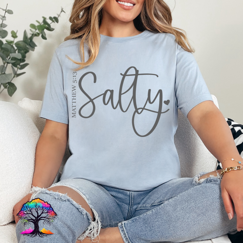 Christian Tshirt Salty-Script on light blue Bella Canvas unisex tee with faith-based script graphic