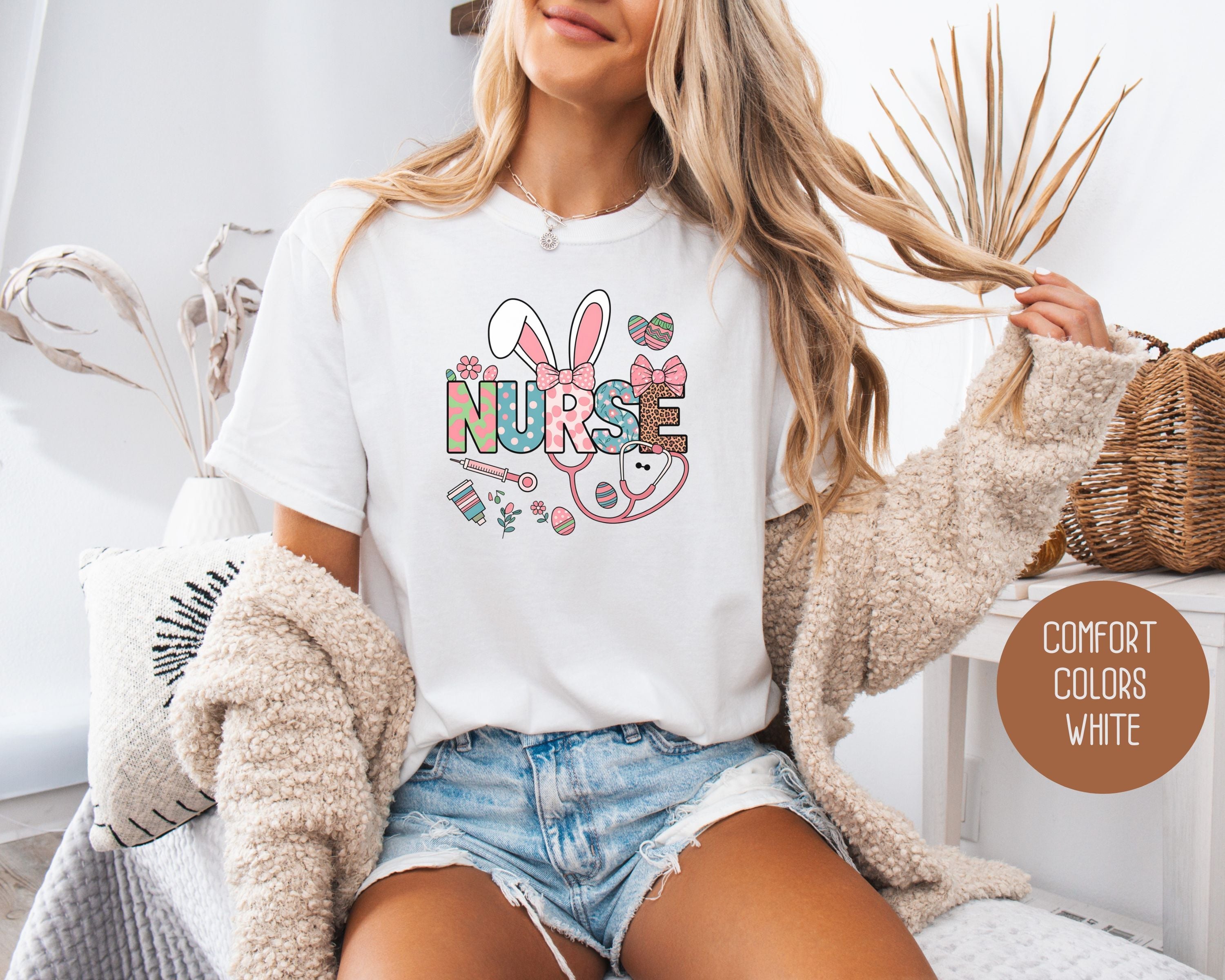 Easter Nurse Comfort Colors Shirt with bunny labor and delivery design on a cotton crew neck tee