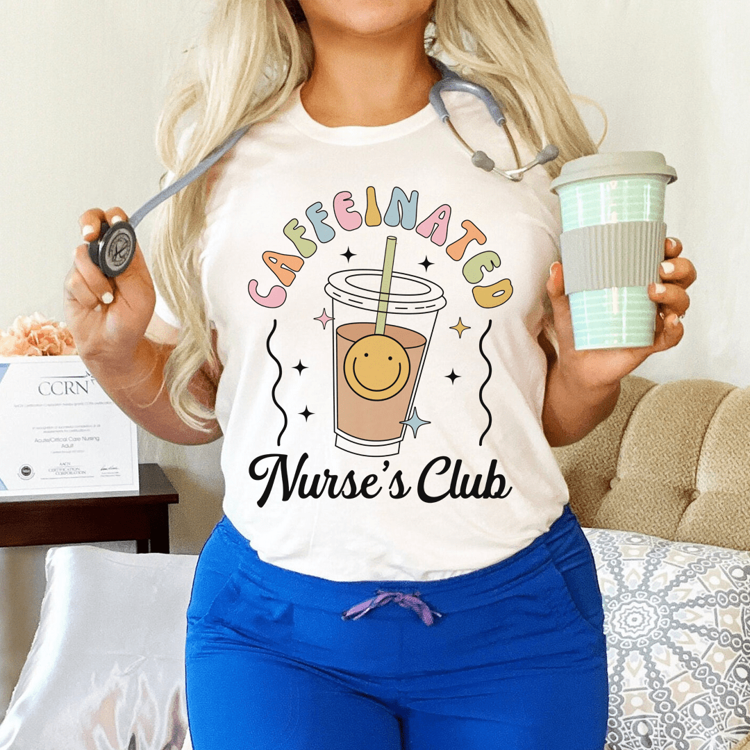 Caffeinated Nurse's Club Tee unisex short sleeve T-shirt with nurse graphic on soft cotton jersey