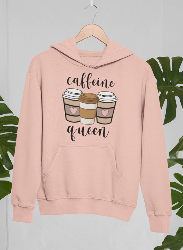 Caffeine Queen pullover hoodie with coffee graphic, soft fleece fabric, women’s casual USA-made sweatshirt