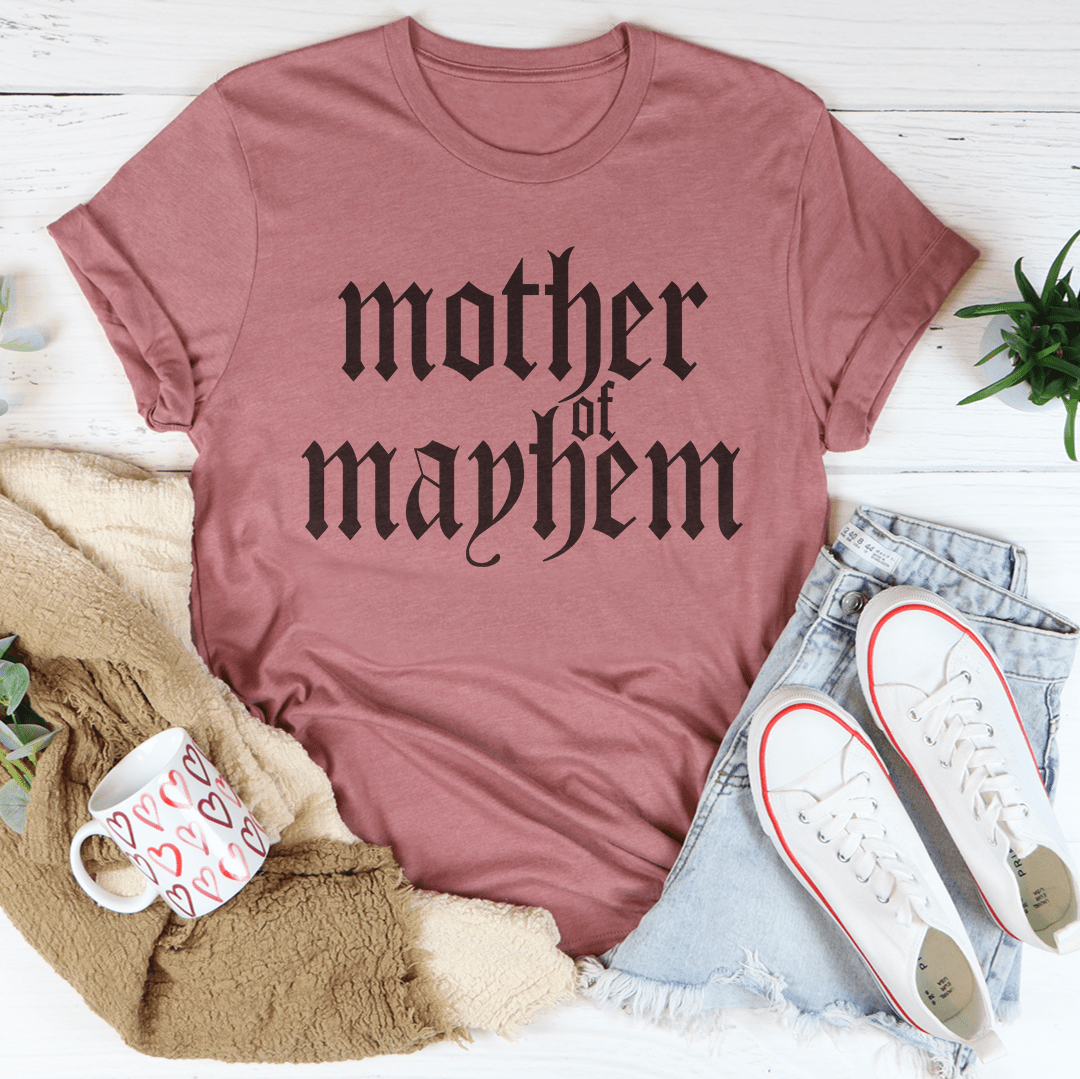 Mother Of Mayhem Tee in soft 100% Airlume cotton unisex short sleeve style with retail fit and graphic front design